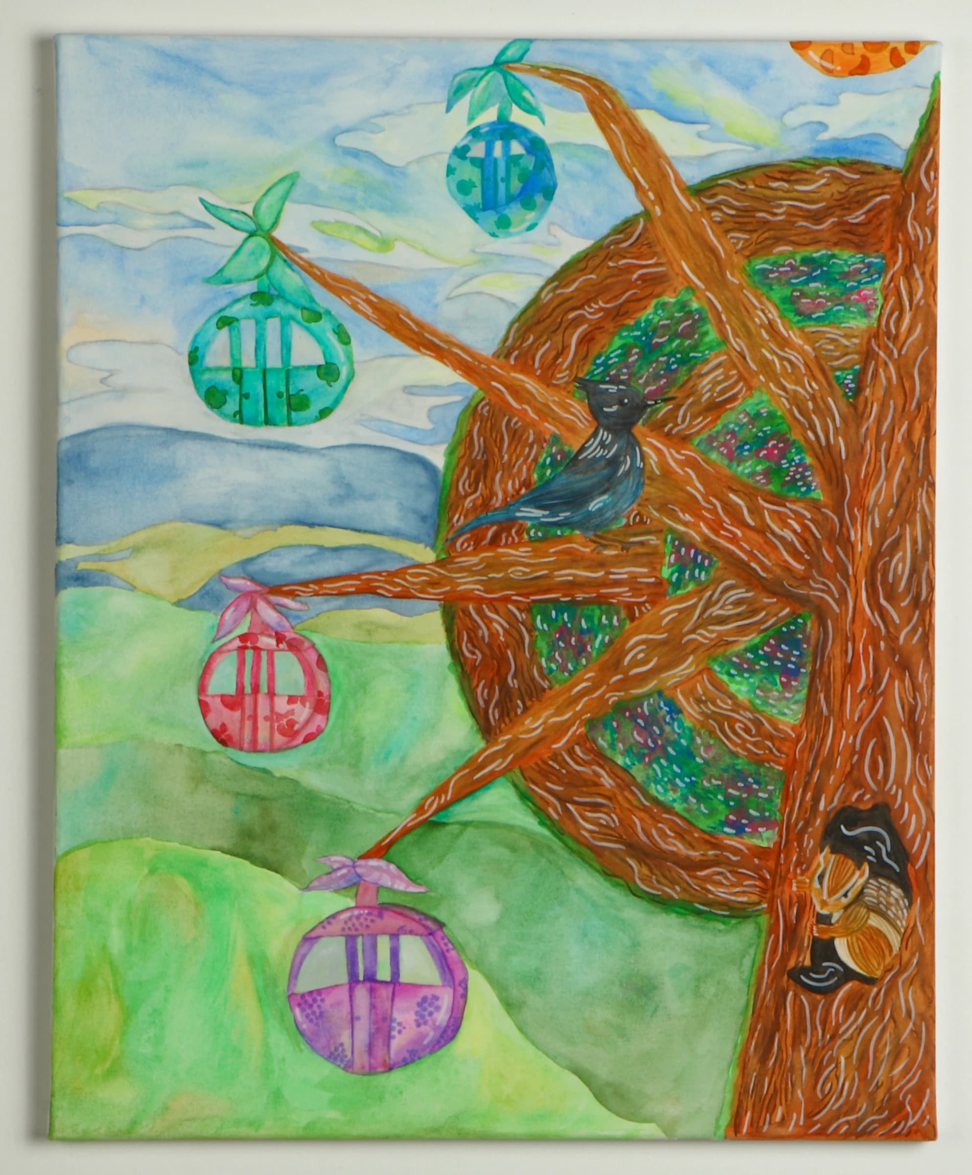 Watercolor of a Ferris wheel growing from a redwood tree, with fruit-shaped cabins, a squirrel and a Steller’s jay.